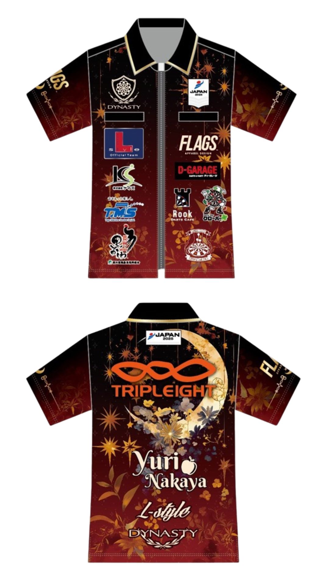 中谷祐里プロの2025年モデル公式ダーツユニフォームのデザイン画像。スポンサーロゴや月のモチーフが特徴的