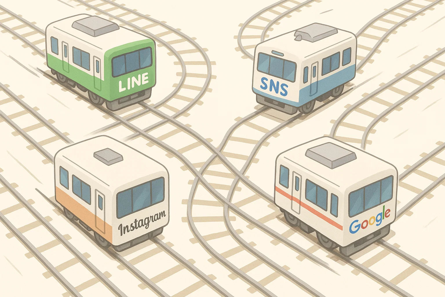 媒体ごとに線路が分かれていて来店に届かないイメージ